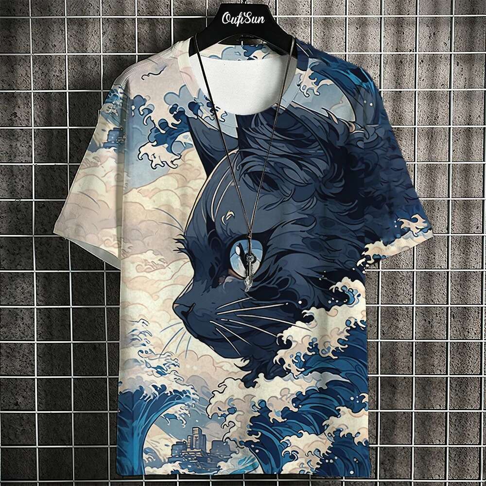 Samurai cat men s T shirt summer fashion Japanese short sleeved oversized street clothing casual sportswear top