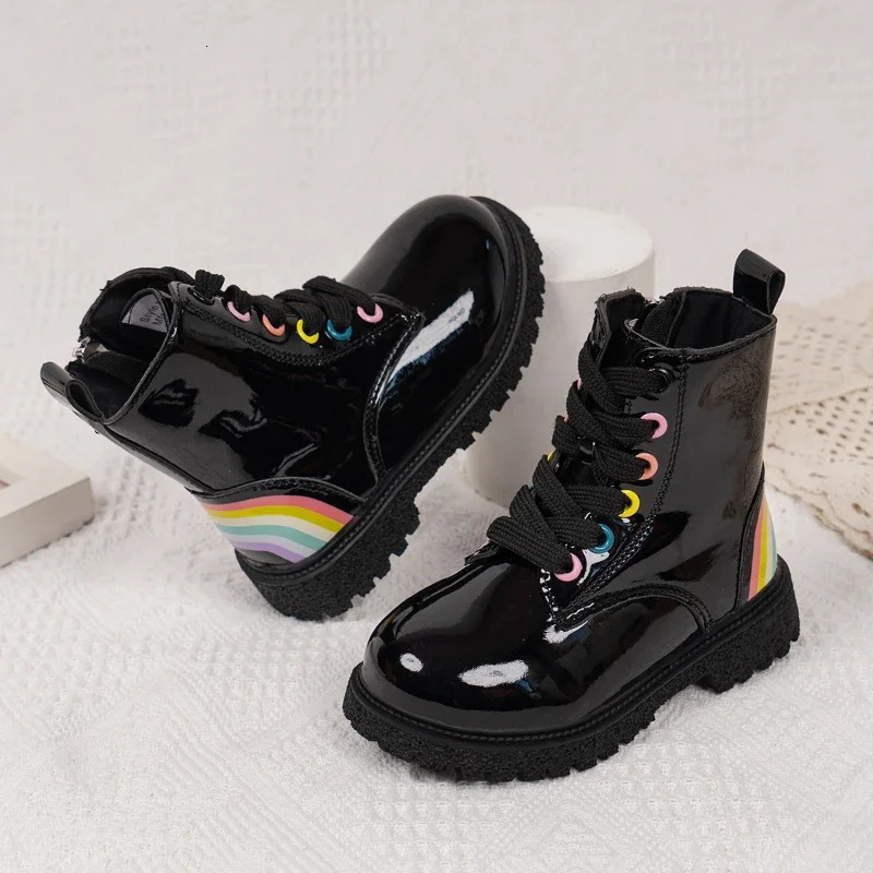 Childrens Fashion Boots for Boys and Girls 2024 AutumnWinter Rainbow Color Rubber Zipper Ankle Black Gloss 250325