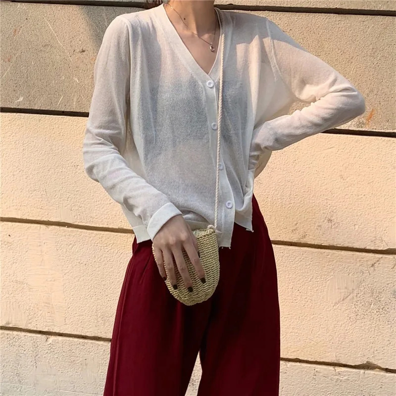 Womens cardigan top Korean long sleeved summer Vneck thin knit sun protection shirt sweater Blusas Mujer E600 250326