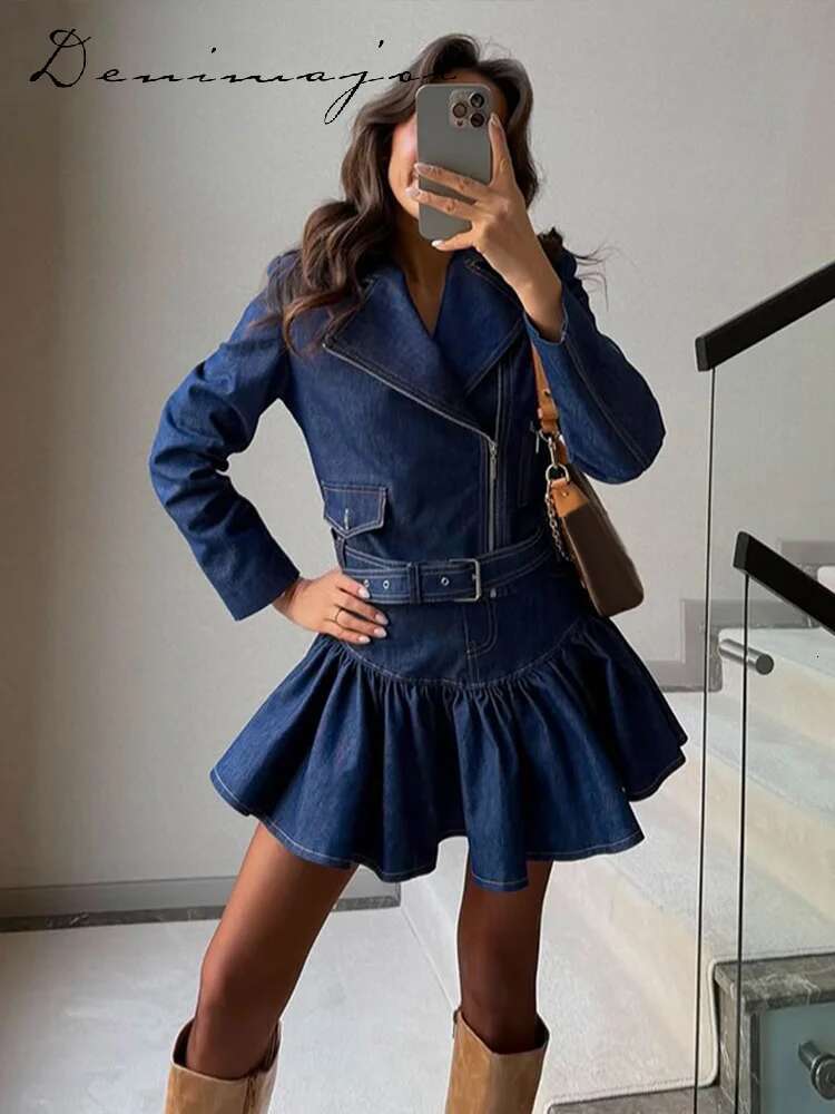 Elegant Urban Lapel Belt Women Skirt Set Long Sleeve Per Top High Waist Pleated Mini Skirts Spring Summer Chic Lady Suit