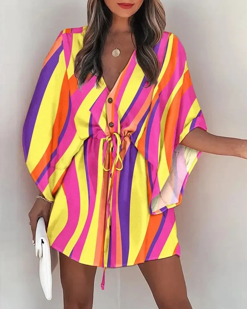 Summer casual brushed lace up mini loose dress with fashionable print batsleeves beach sexy button Vneck womens party cover 250326