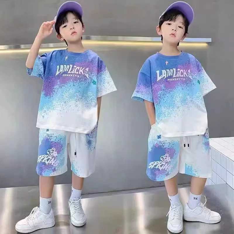 Summer Youth Clothing Set Boys Gradient T-shirt+Shorts 2-piece Large Childrens Casual Short Sleeve Set Childrens Printed SetT250327
