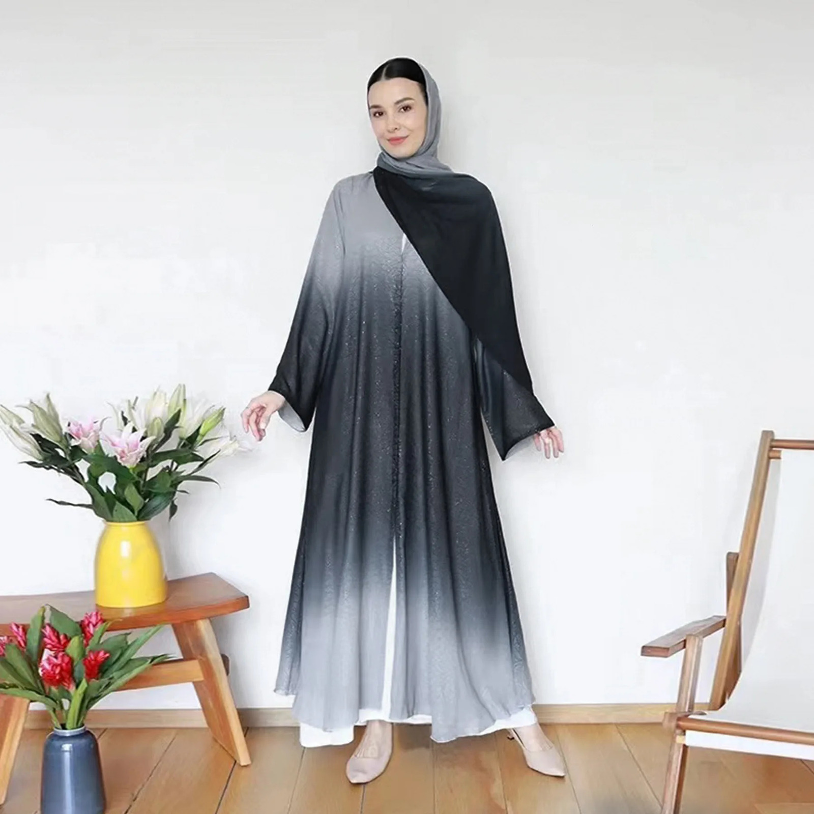 Dubai y gradient color Abaya open kimono Muslim dress with scarf moderate robe Khimar Islamic Ka Caftan Jalabiya Kaftan 250326