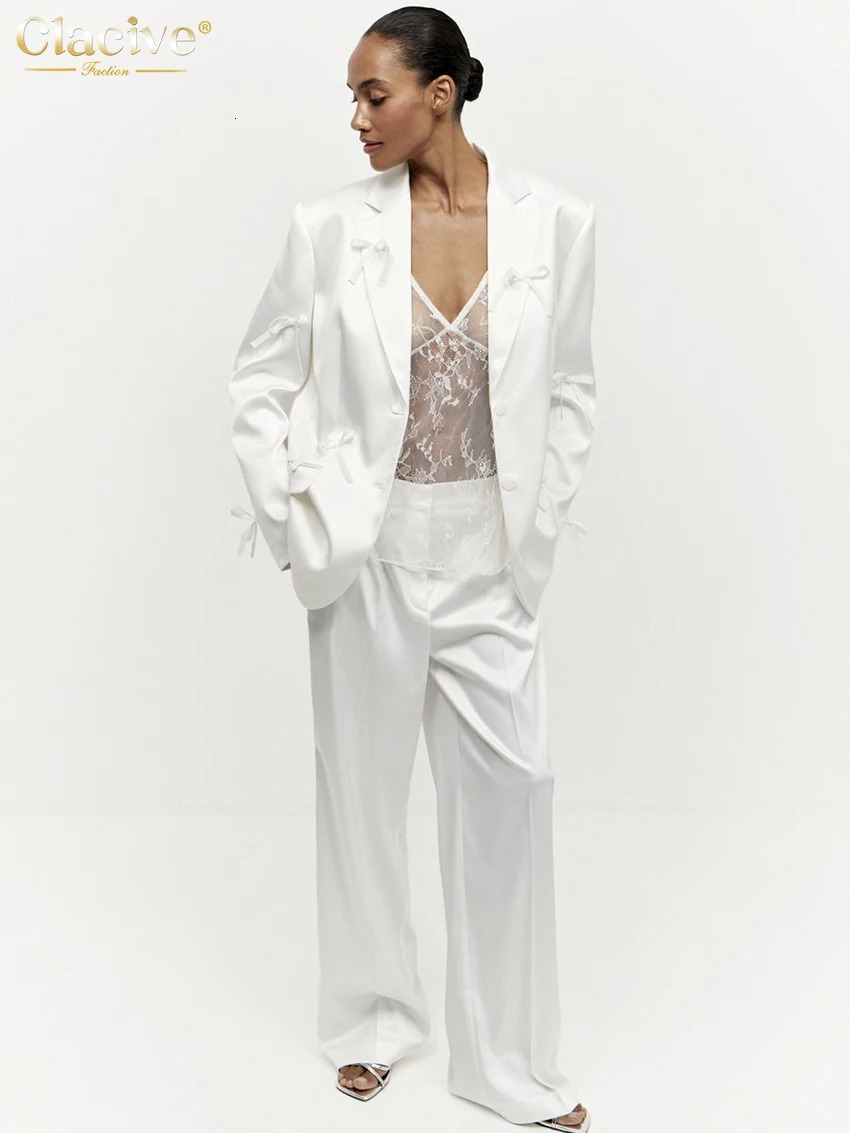 Clacive Fashion Loose White Satin Office 2piece Womens Elegant Long Sleeve Jacket with High Waist Wide Pants Set 250326