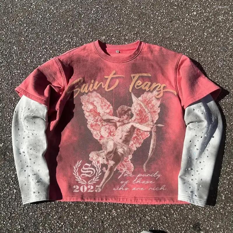 Men's T Shirts Retro Gothic Punk Stamping Craft Double Layer Long Sleeved Pullover Men Clothing Round Neck Sweatshirt Tops Streetwear