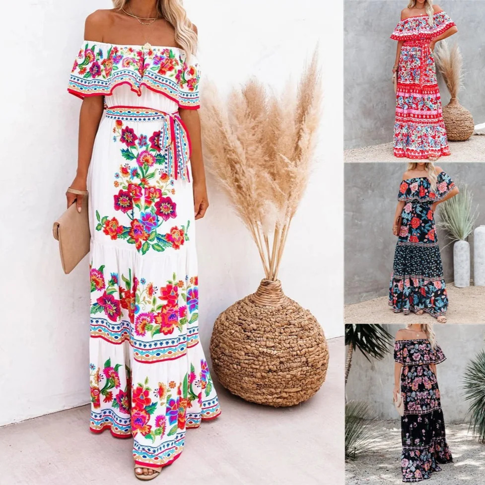 Summer Womens Printed Bohemian Dress Fashionable and Sexy Slant Neck Long Casual Elegant Party Vestdos 2024 250324