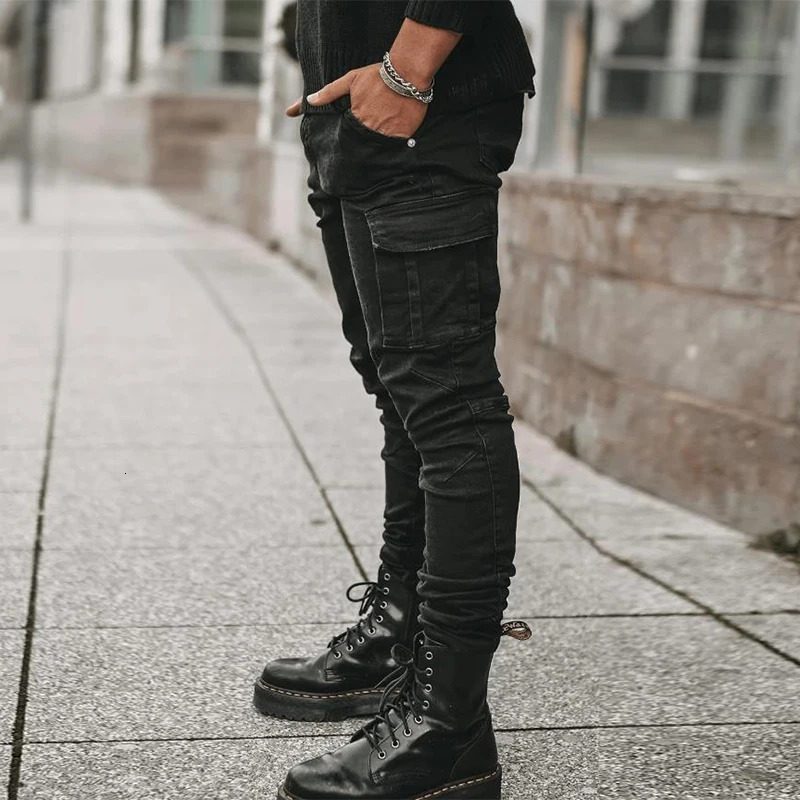 Jeans Men Pants Wash Solid Color Multi Pockets Denim Mid Waist Cargo Jeans Plus Size Fahsion Casual Trousers Male Daily Wear 250317