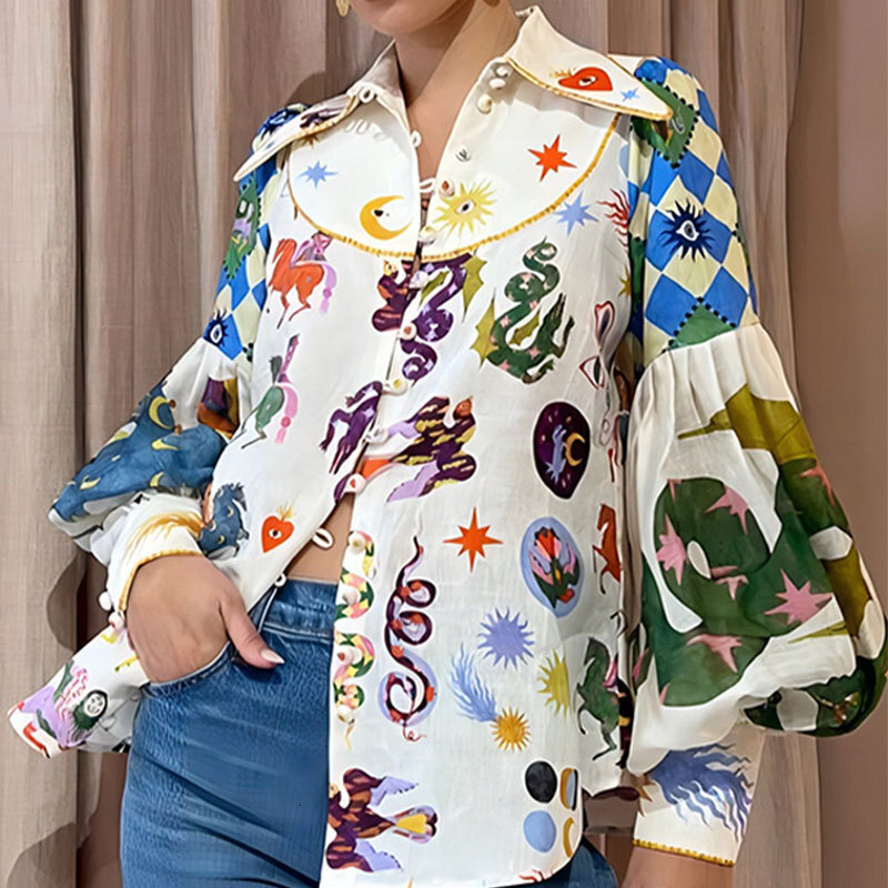 2025 women's loose graffiti printed lapel lantern long sleeved spring cardigan shirt for women
