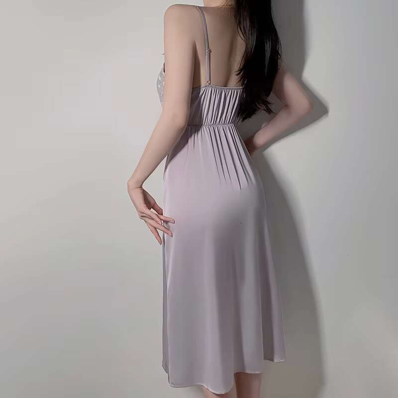 Oem&Odm Sexy Mature Sweet Satin Pamas Breast Pads Straps Women's Nightgowns Home Robe Set Sleepwear V-Neck Night Dress