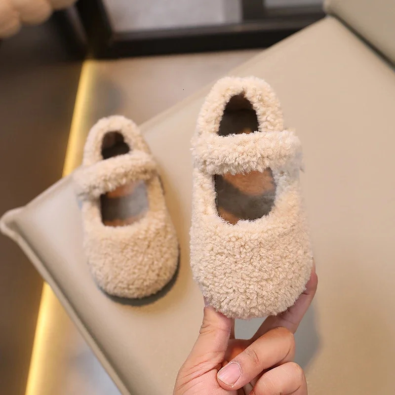 Winter Children Flat Shoes Fur Cover Toe Light Warm Kids Casual Shoe Plush Warm Non-slip Leisure Comfy Boys Girls Shoe 250326