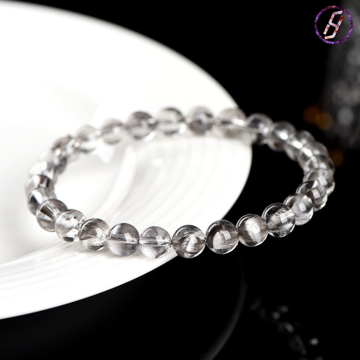 Natural Black Silver Titanium Crystal Bead Bracelet, Rubber Flower Black Silver Titanium Bracelet Handmade Custom Factory Wholesale Protection Crystal