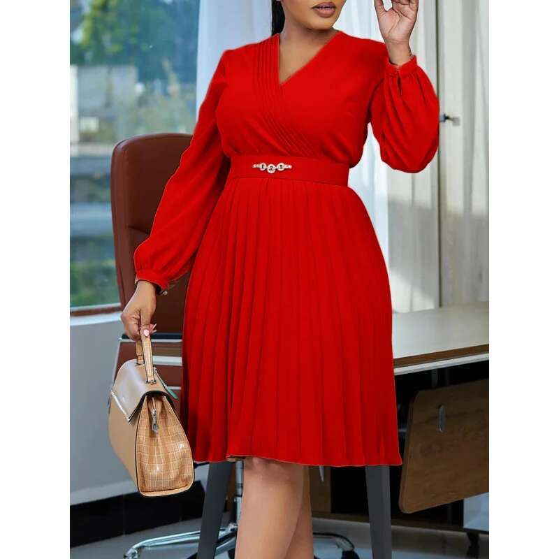 Dongdumaoyi Nieuwe Elegante Effen Kleur Geplooide Plus Size Jurk Met V Hals Chique En Tijdloze Stijl WD