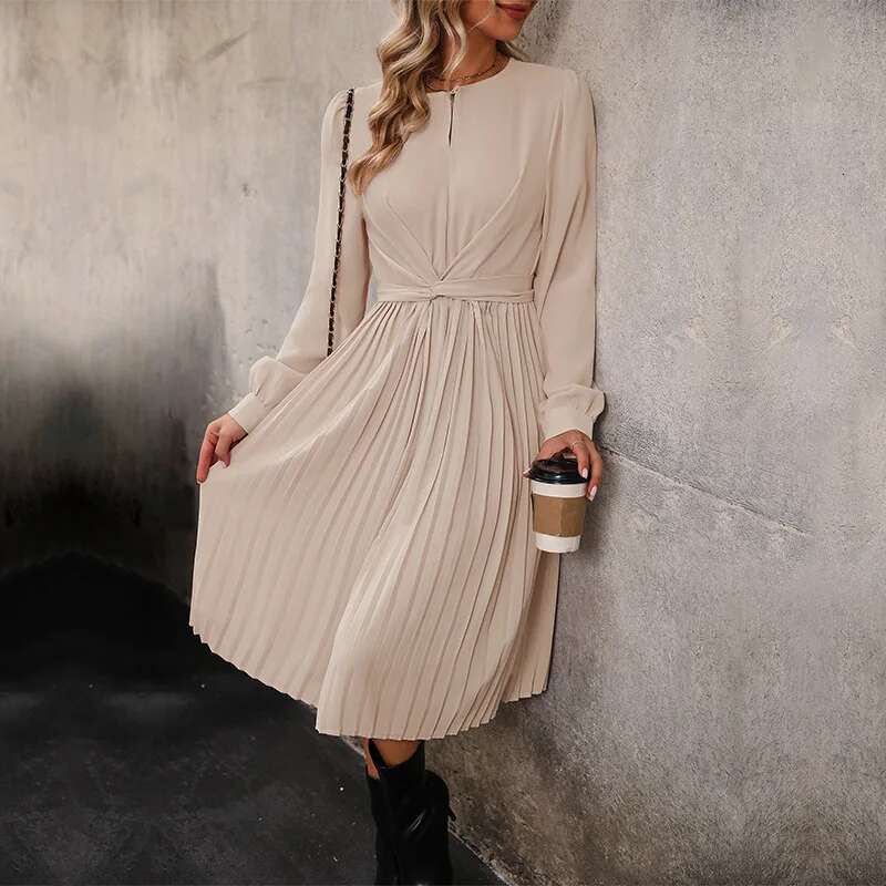 Dongdumaoyi Nieuwe Lente Herfst Dames Effen Kleur Tie Up Geplooide Jurk C