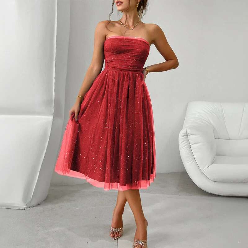 Dongdumaoyi Lente En Zomer Sexy Tube Top Hoogwaardige Mesh Feestdiner Halflange Jurk C