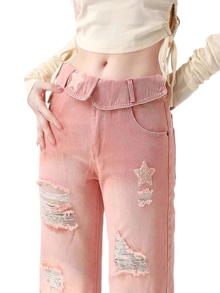 Women Pink Star Jeans Haruku Y2k 90S Aesthetic High Waist Ripped Denim Trouser Korean Jean Pants Vintage 2000S Trashy Clothes