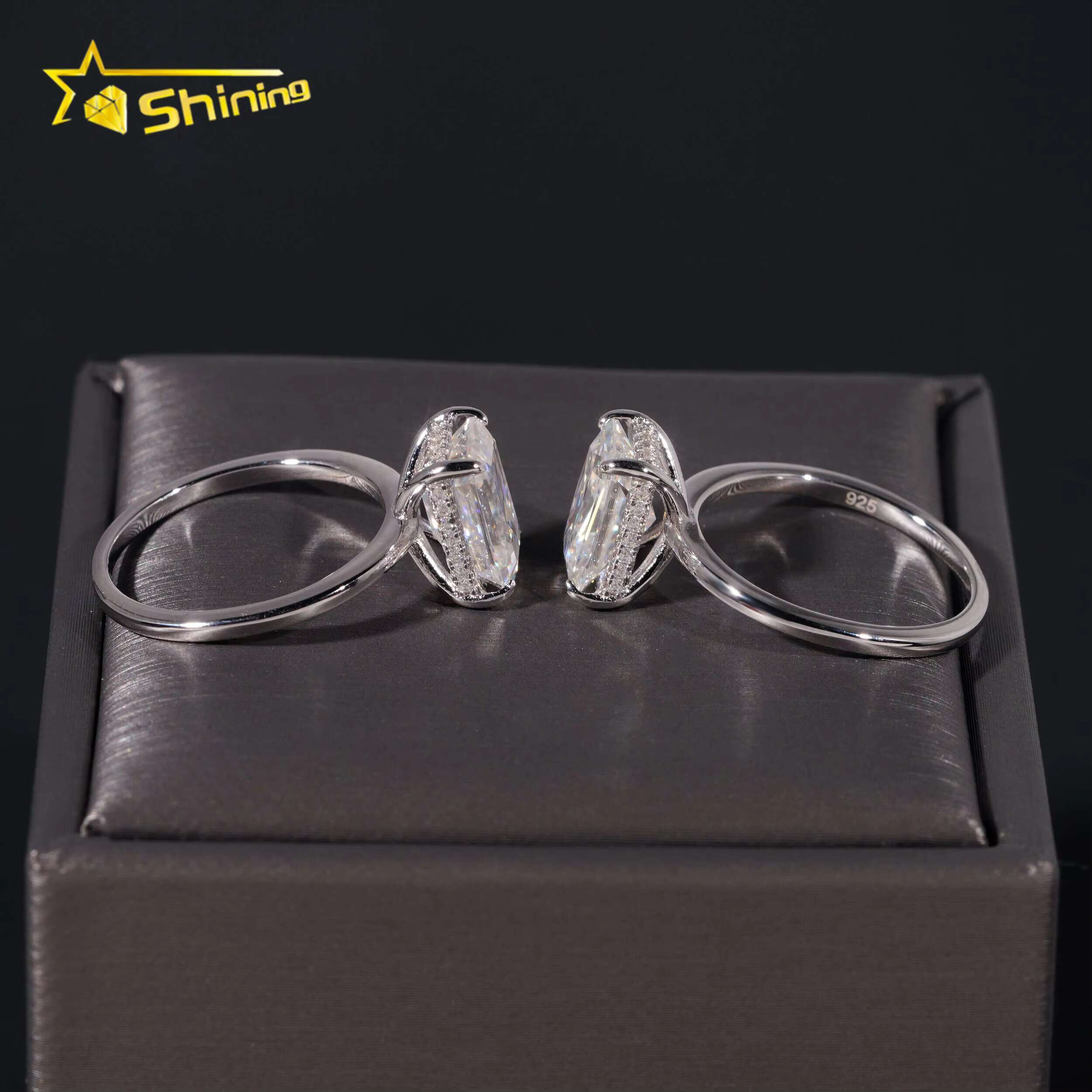 Fashion Women Jewelry Radiant Cut 3ct Moissanite 925 Sterling Silver Gold Plated Halo Set Plain Band Engagement Womens Rings