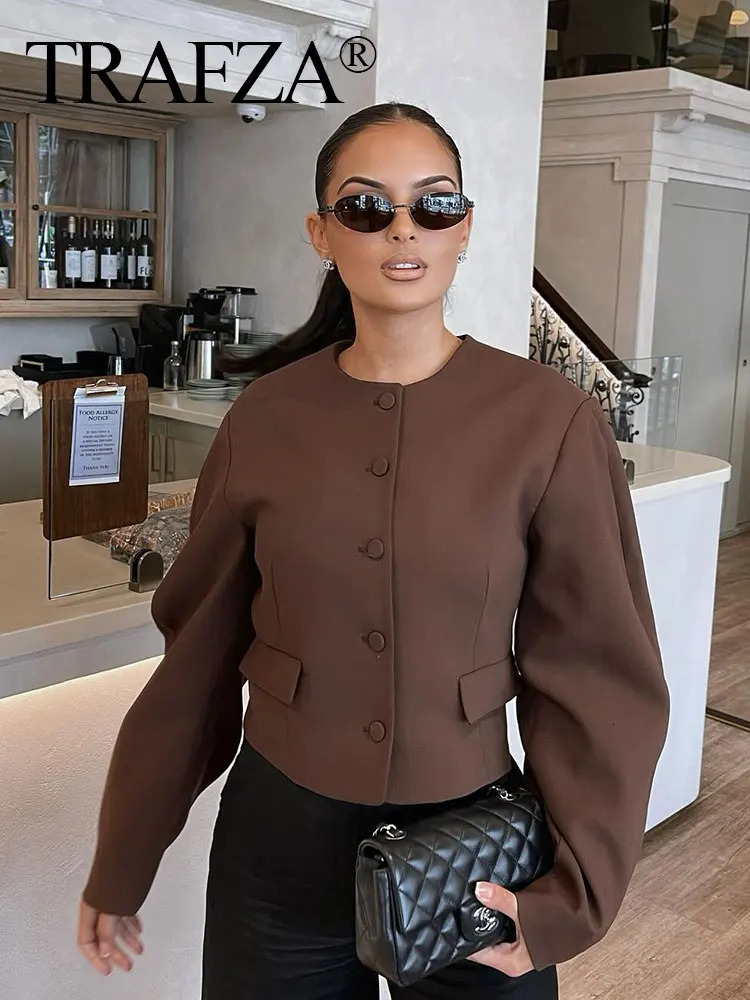 Trafza womens retro solid cut jacket O-neck long sleeved jacket autumn womens casual Y2K jacket 250322