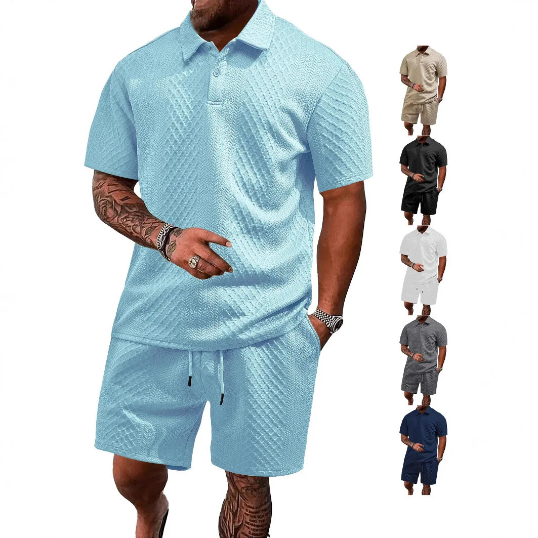 Summer European and American Jacquard Fabric Mens Casual Sports Thin Collar Polo Shirt Short Sleeve Set 250327