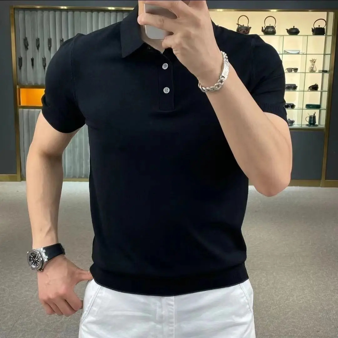 Mens thin Tshirt slim fit fashionable knitted elastic business solid color polo shirt short sleeved lapel mint mens style 250327