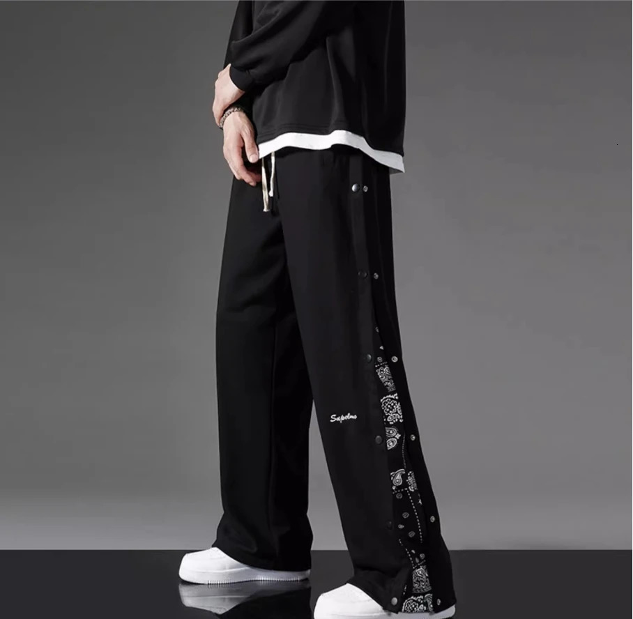 Boys fashion straight trend handbag street hiphop wide leg open collar flower casual sports pants 250327