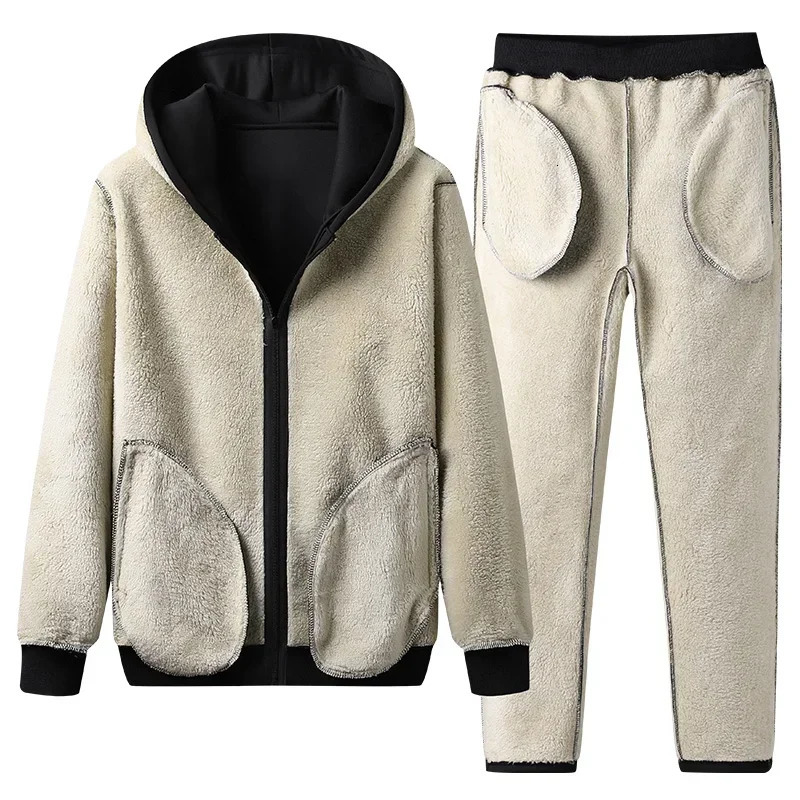 Winter track and field clothing mens wool sports suit running jogging hooded sweatshirt pants thick warm 250326