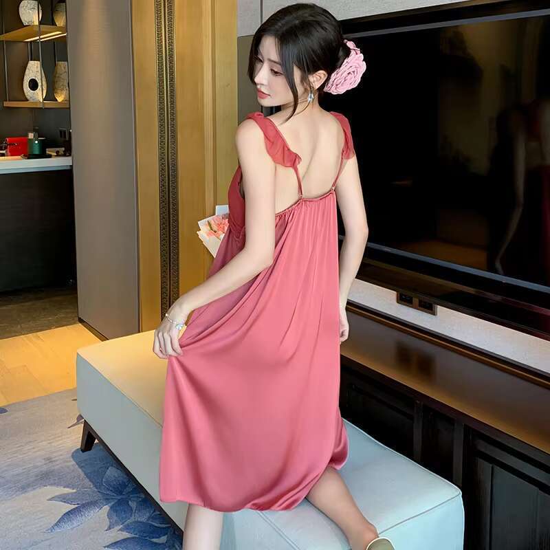 Premium Ice Silk Ral Printed Pamas Sweet Honeymoon Nightwear Sleepwear Sexy Lace Night Dresses For Woman