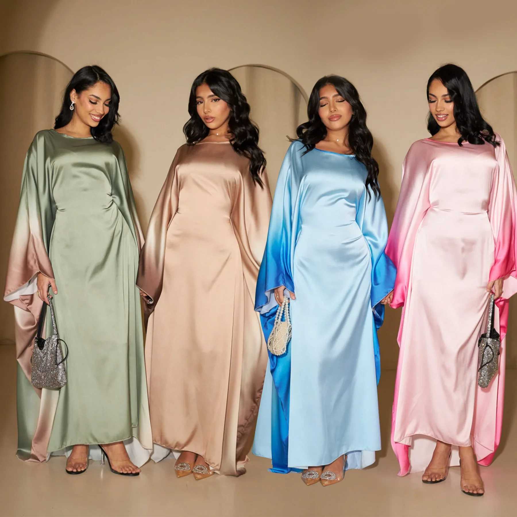 Butterfly Abaya Inside Belt Muslim Party Long Dress Gradient Satin Abayas for Women Dubai Turkey Islamic Clothes Eid Kaftan Robe X250514