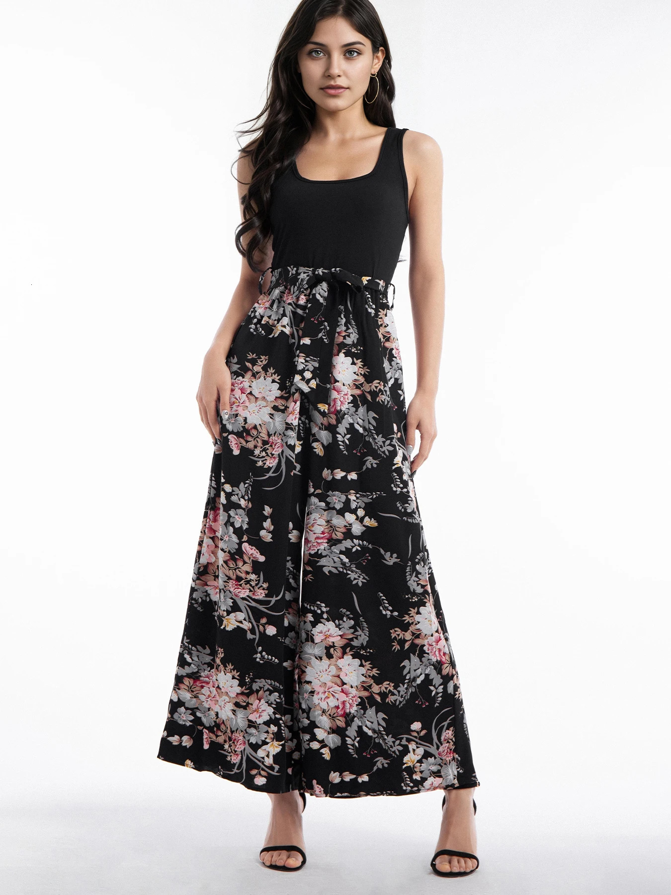 Fashionable womens knitted and chiffon printed patchwork work jumpsuit with loose fitting straps wide leg suitable for summer vacations outdoor ac 250