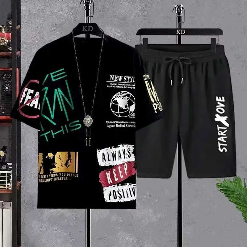 Mens summer casual short sleeved T-shirt+shorts set sports pants anime sports two-piece fashionable sportswear T-shirtXJ250326