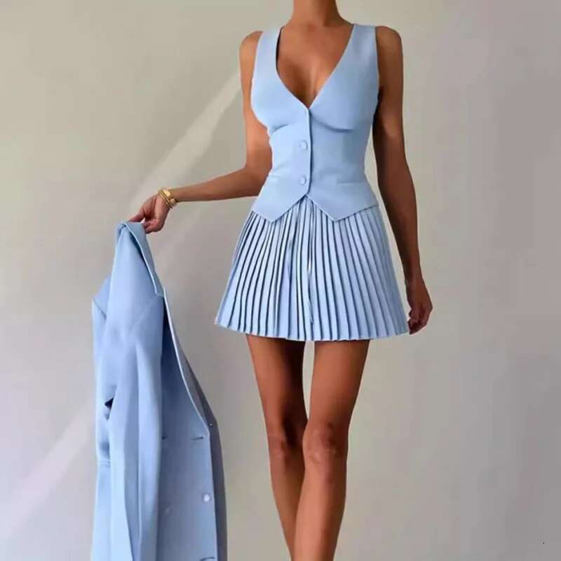 Dongdumaoyi Mode Tweedelige Damesvest Met V Hals Enkele Borst Knopen En Geplooide Minirok