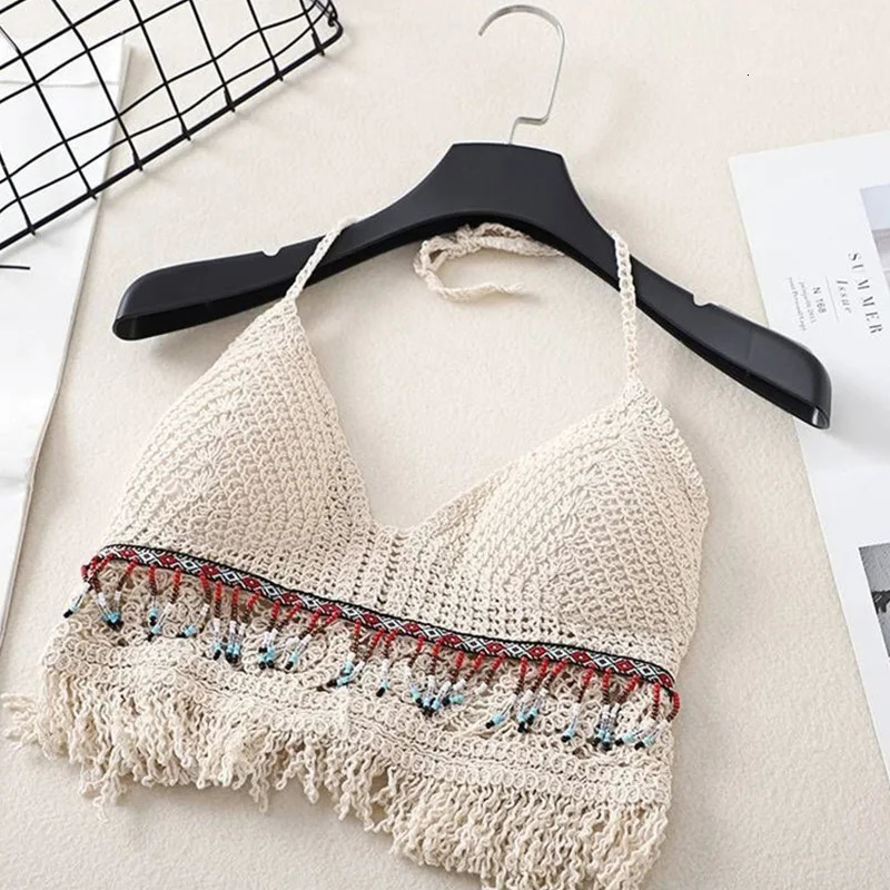 Sexy Bohemian Beach Holiday Vest Strap Womens Crochet Knitted Swimsuit Backless Hollow Tassel Top 250326