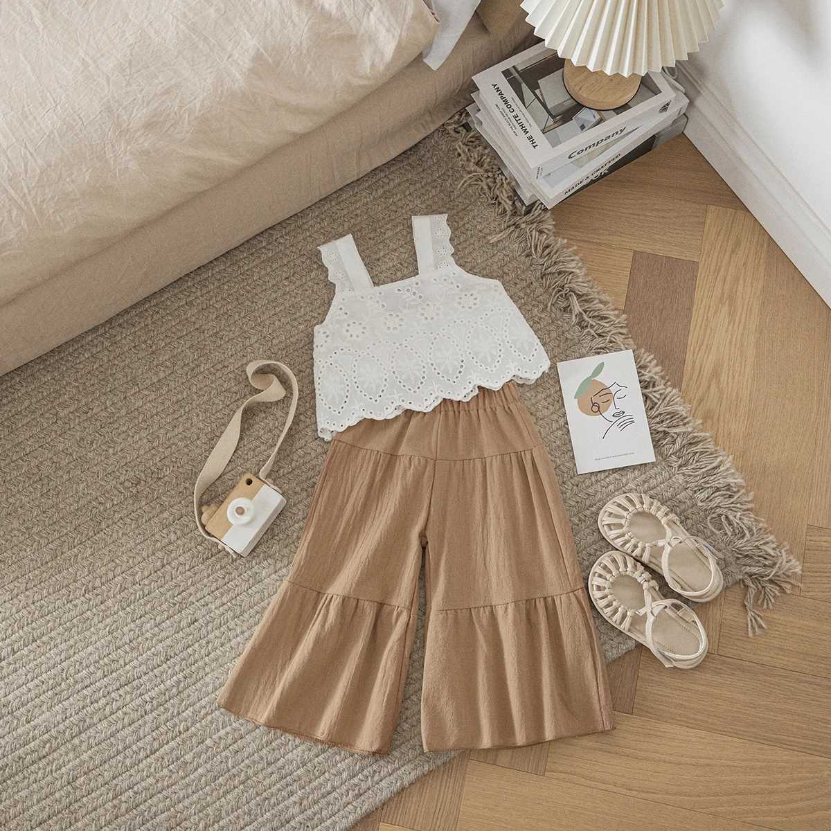 Listenwind 1-5Y Childrens Baby Girl Clothing Set Summer Lace Sleeveless Top Wide Leg Pants Travel Holiday Clothing SetT250327