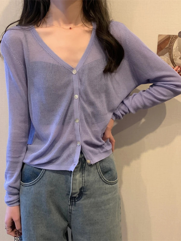 Womens cardigan long sleeved knitted jacket solid thin spring short shirt Vneck Korean fashion 250326