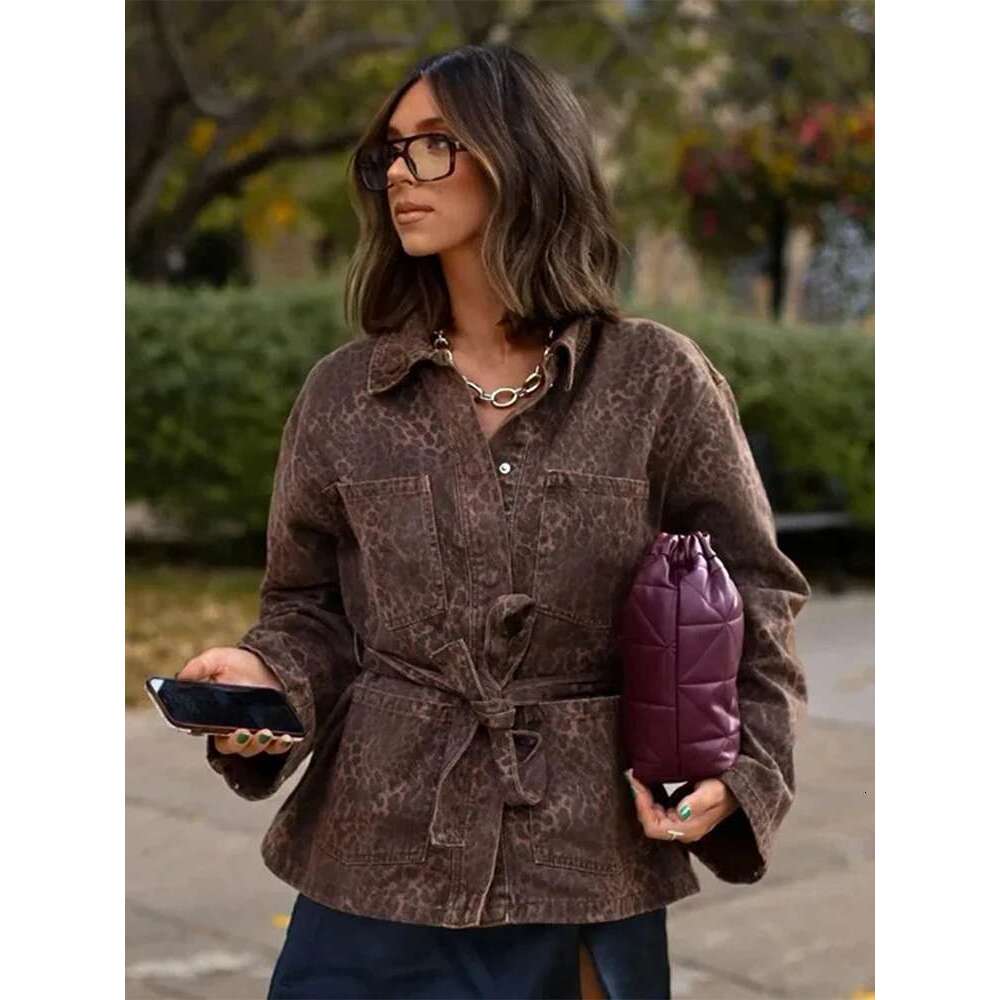 Women's Coat Woman Leopard Print Lapel Lace Up Jacket Casual Long Sleeve Pocket Coats New Autumn Lady High Street Office Outerwears