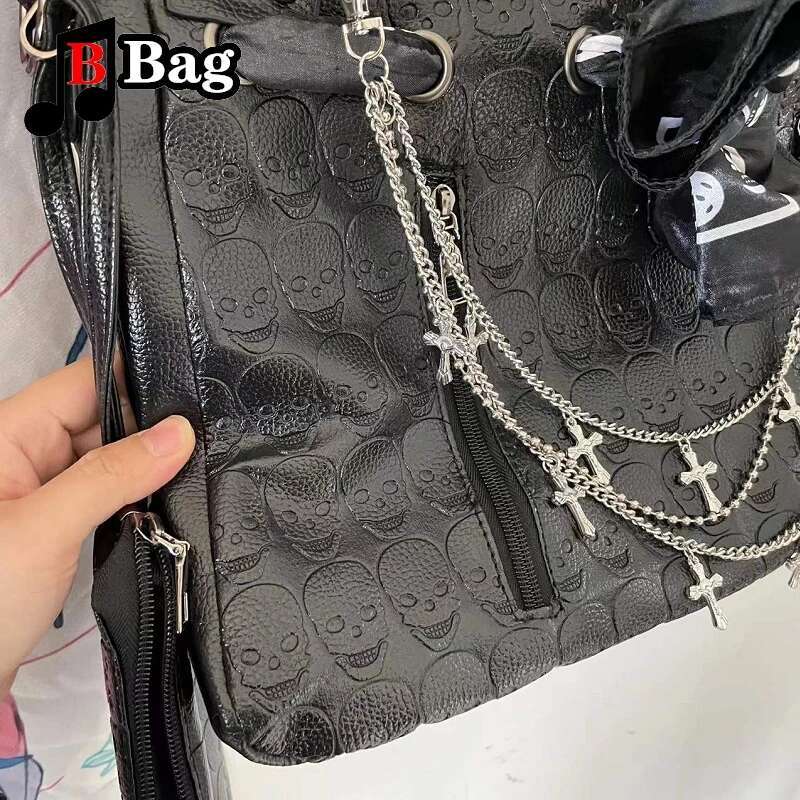 Y2k Women Girls Gothic Skulls Printing Leather Shoulder Bags Totes Female Punk Cross Chain Large Capacity Messenger Bag Handbag