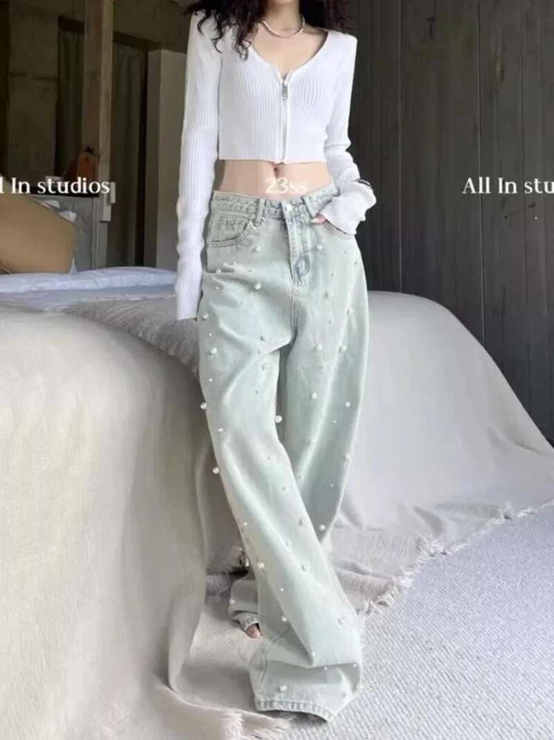 Korean Fashion For 2024Spring New Heavy Industry Beads Retro Washed High Waisted Jeans Wide Leg Mopping Pants Women