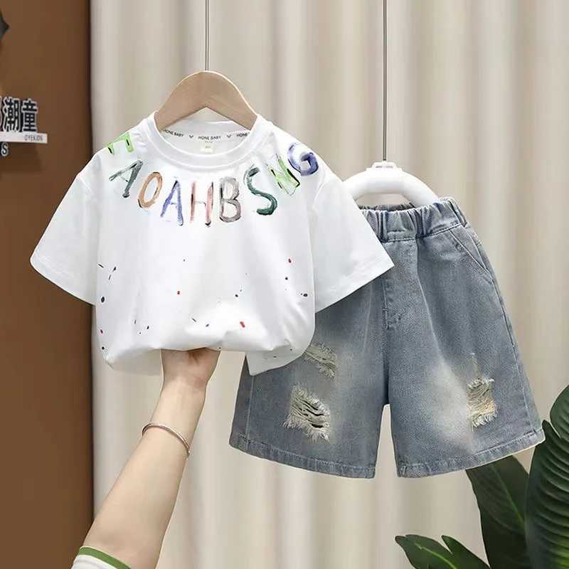 Personalized color letter short sleeved T-shirt+jeans short sleeved 2-piece summer set brand new 2024 boutique baby and boy sportswearT250327
