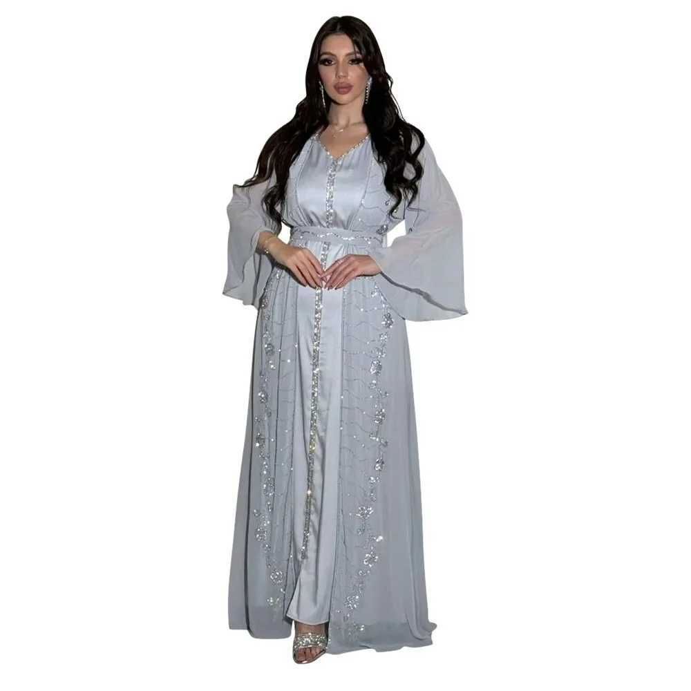 Elegant 2 Pieces Muslim Sets for Women Eid Arab Open Abaya Dress Islam Femme Party Jalabiya Luxury Turkey Dress Moroccan Kaftan X250514