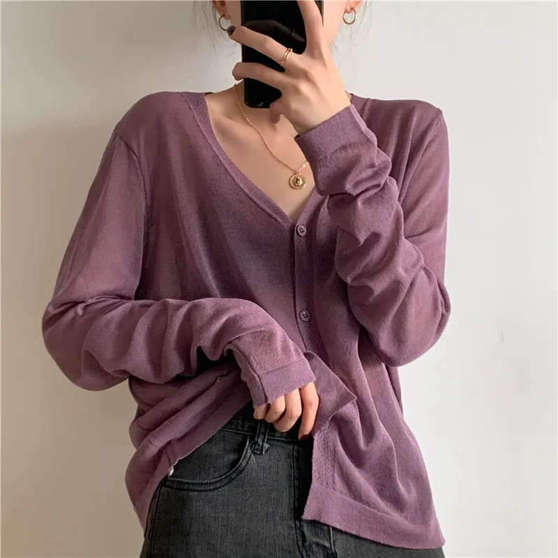 Womens cardigan top Korean long sleeved summer Vneck thin knit sun protection shirt sweater Blusas Mujer E600 250326