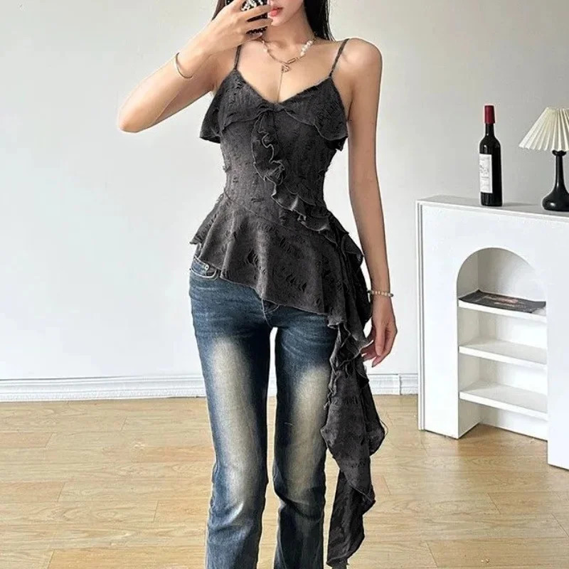 Spicy Girls Camisole VNeck Short Sleeve Top Sexy Womens Irregular Tshirt and Shirt Gothic Ruffle Tank 250326
