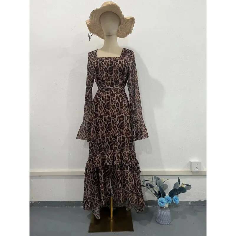 Dongdumaoyi Spring New Chiffon Leopard Print Lotus Leaf Sleeve Temperament Long Stitching Irregular Dress A