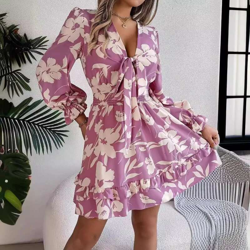Dongdumaoyi Herfst Winter Casual Bloemen Stropdas Lange Mouwen Ruches Rand Damesmode Jurk C