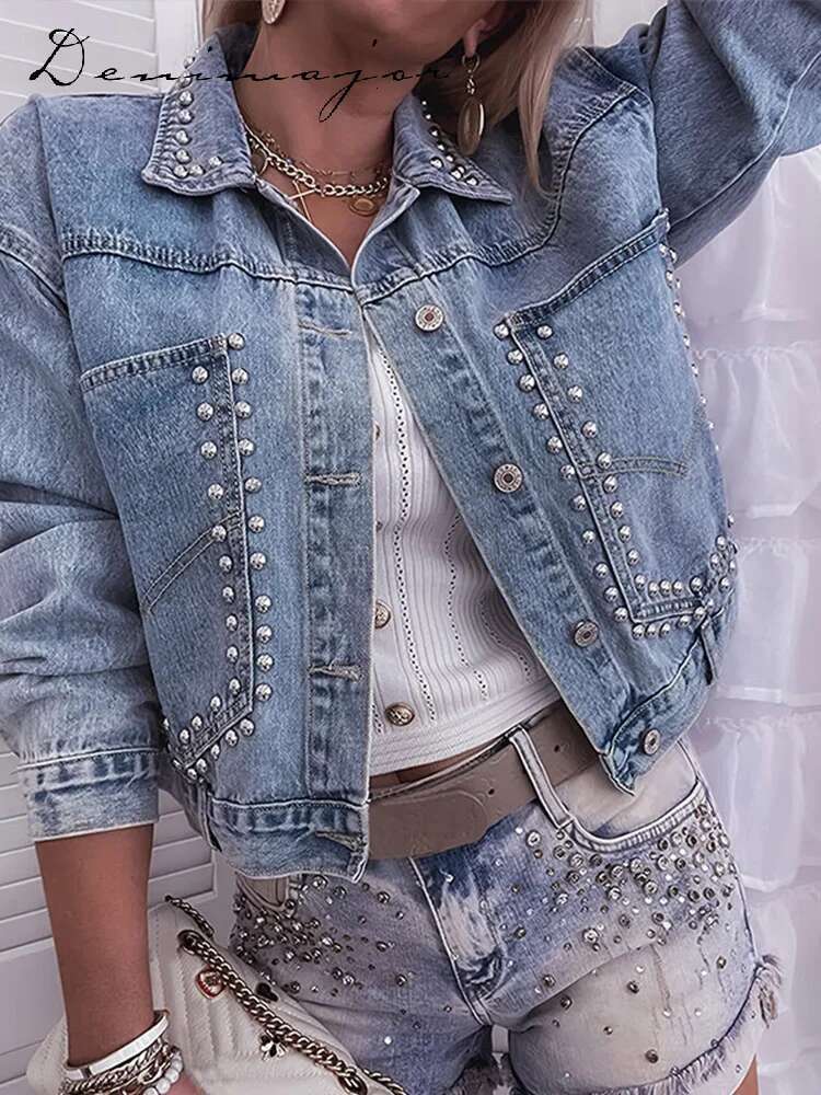 High Street Rivet Denim Women Jacket Turn-Down Collar Single Breasted Female Coats Spring Summer New Chic Y2k Lady Jackets