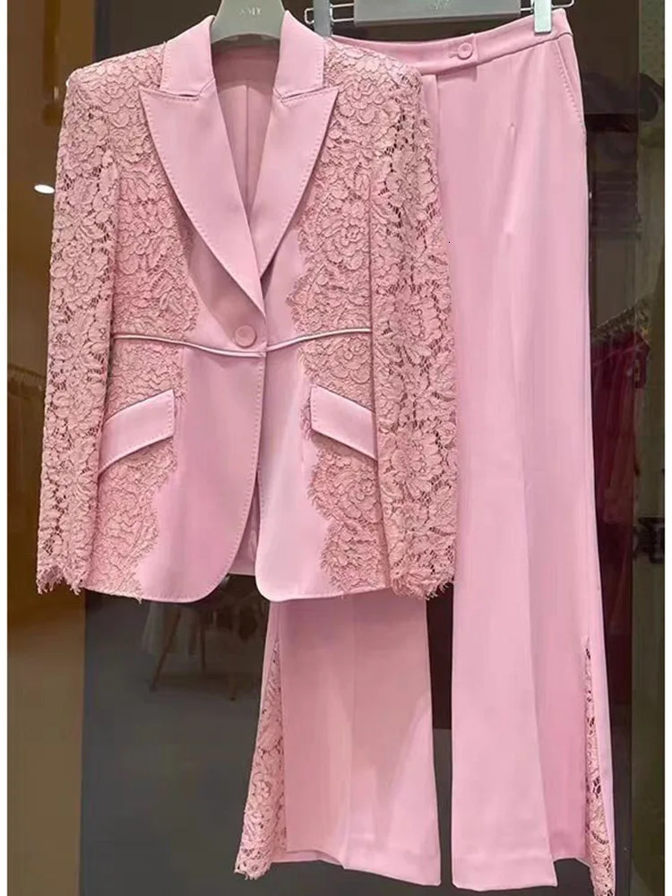 HIGH STREET Latest Runway ner Set Womens Lace Patch Work Order Button Jacket Flame Pants 2piece 250326