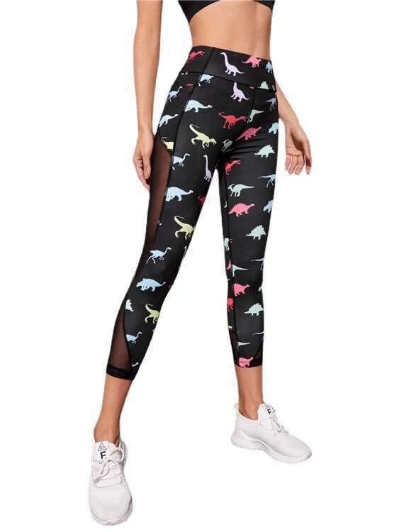 Women Yoga Pants New Summer Pocket Mesh Breathable Fitness Yoga Pants With Colorful Dinosaur Print Underpants YJ