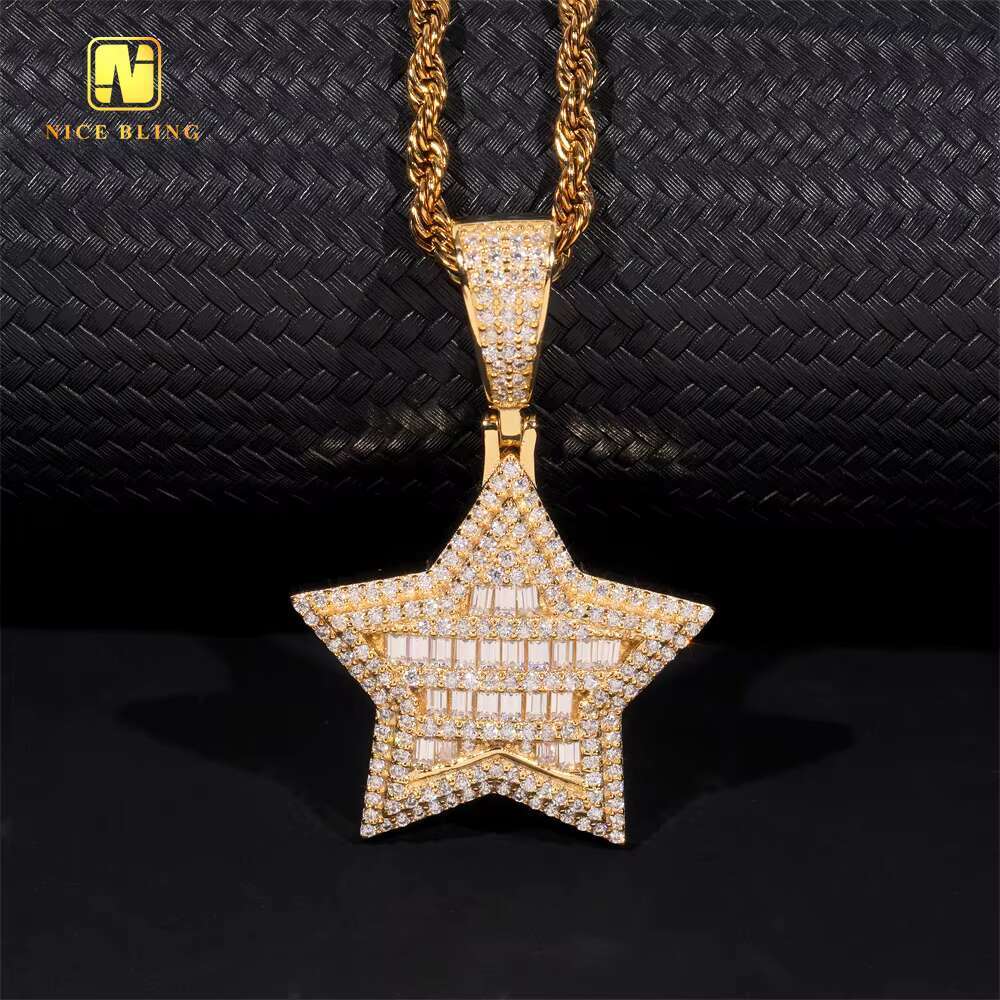Baguette Custom Iced Out Hip Hop Moissanite Jewelry Star Shape Pendant 925 Silver VVS Moissanite Diamond Fine Charm Pendant
