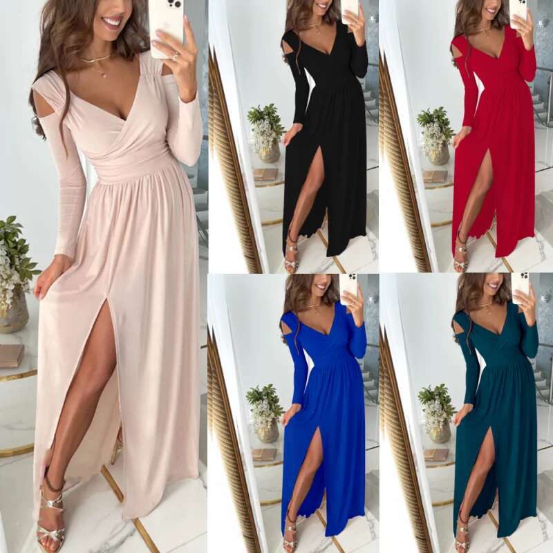 Dongdumaoyi Nieuwe Herfst Winter Lange Mouwen V Hals Effen Kleur Zoom Split DAMES Mode Jurk A