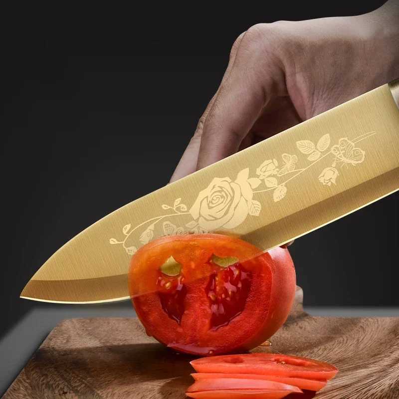 Gold Rose Pattern 4-Piece Kitchen Knife Set Luxury Stainless Steel Chef Knives for Cooking Sharp Professional Kitchen ToolsC250327