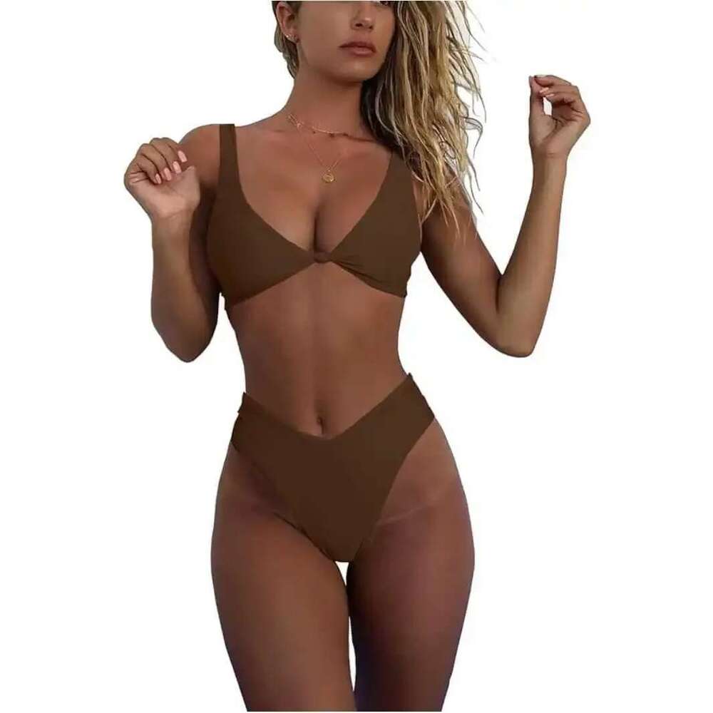 High-Waisted Bikinis Sexy Set Women's Solid Color Bow Design 2-Piece Swimwear European And American Cross-Border Style