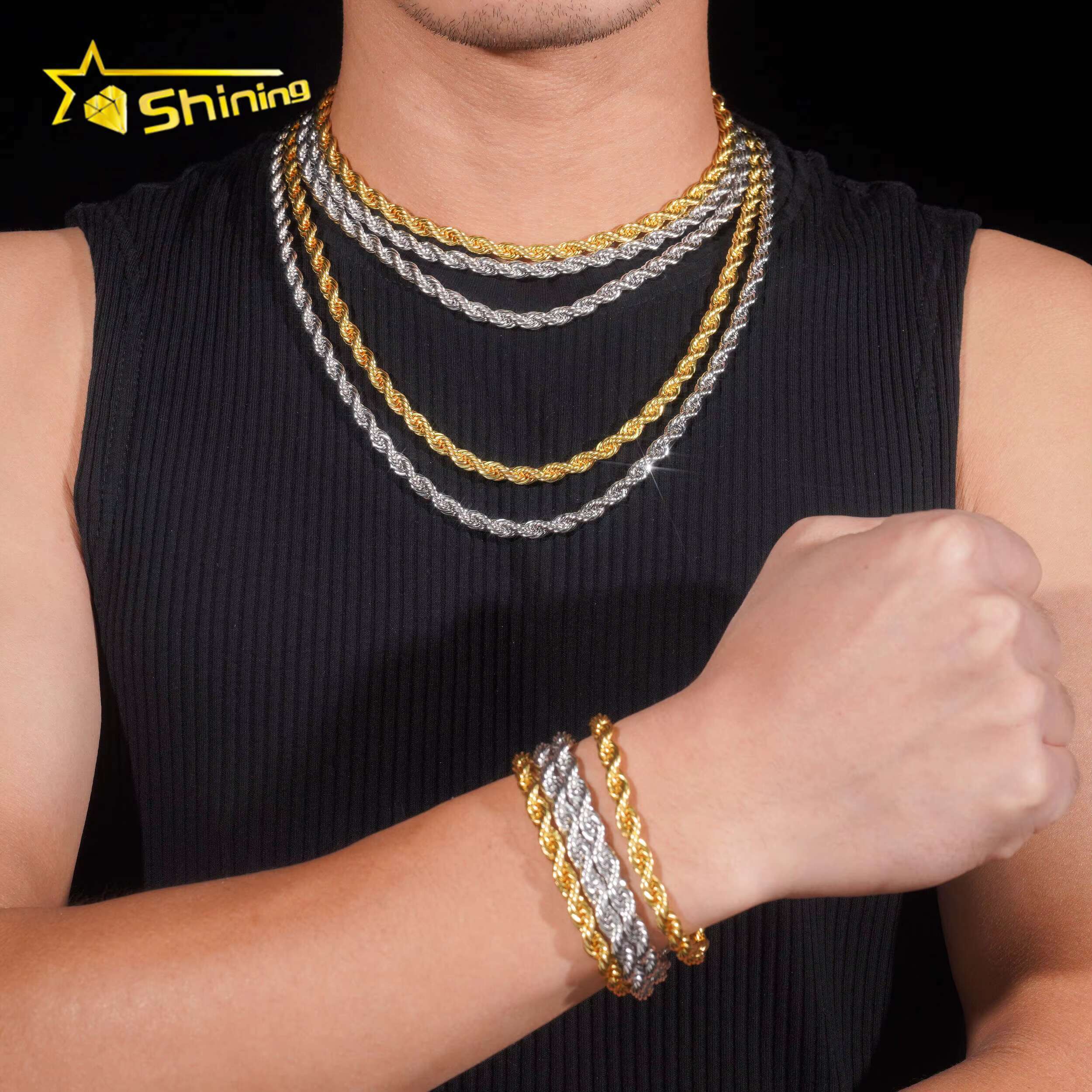 Wholesale Price Fashion Jewelry Necklace Hip Hop Gold Plated 6MM Stainless Steel Moissanite Rope Chain VVS Choker Necklace